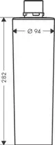 Hansgrohe-Filter mit zylindrischer Form und einem Durchmesser von 94 mm. Das gesamte Produkt hat eine Höhe von 282 mm. Abgebildet sind nur die Umrisse ohne detaillierte Beschriftungen.